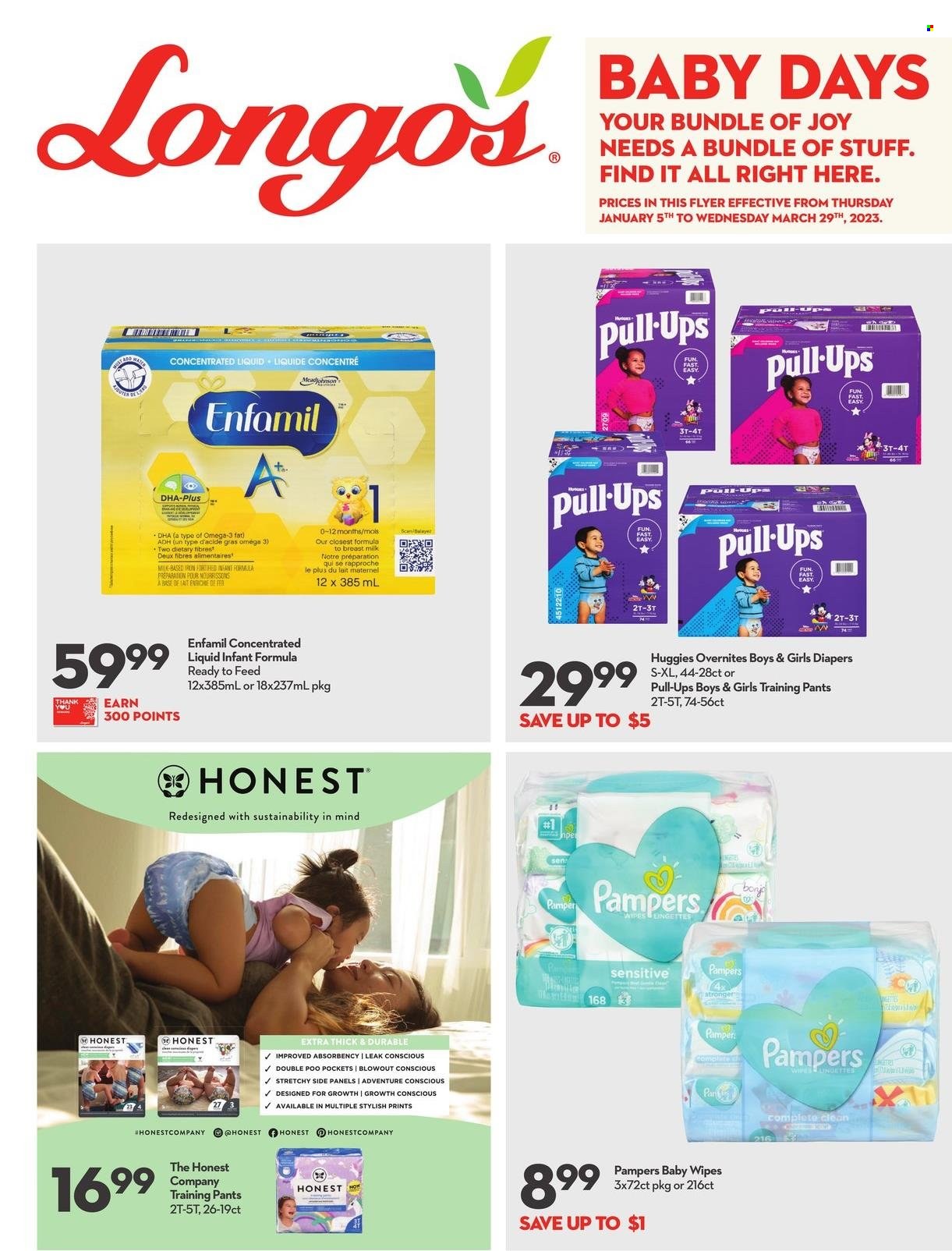 thumbnail - Longo's Flyer - January 05, 2023 - March 29, 2023 - Sales products - Mars, Enfamil, wipes, pants, baby wipes, nappies, baby pants, Joy, Huggies, Pampers. Page 1.