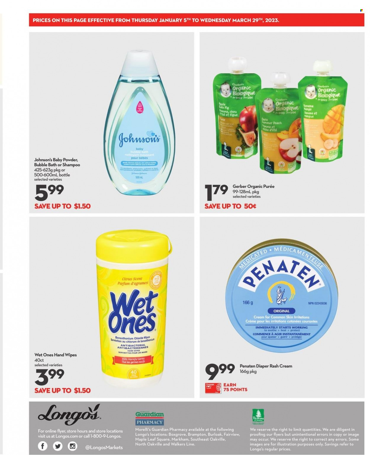 thumbnail - Longo's Flyer - January 05, 2023 - March 29, 2023 - Sales products - Gerber, wipes, Johnson's, baby powder, bubble bath, eau de parfum, shampoo. Page 2.