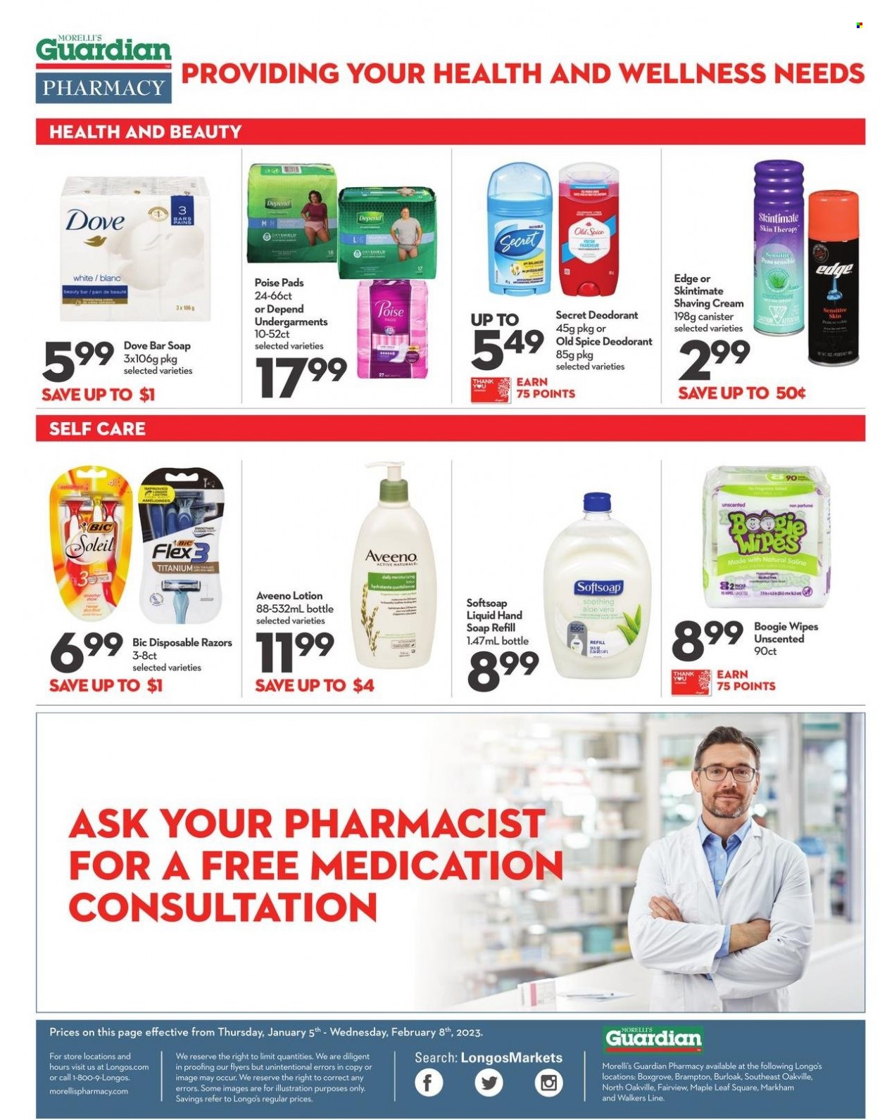 thumbnail - Longo's Flyer - January 05, 2023 - February 08, 2023 - Sales products - Dove, spice, wipes, Aveeno, Softsoap, hand soap, soap bar, soap, body lotion, anti-perspirant, BIC, disposable razor, Old Spice, deodorant. Page 2.