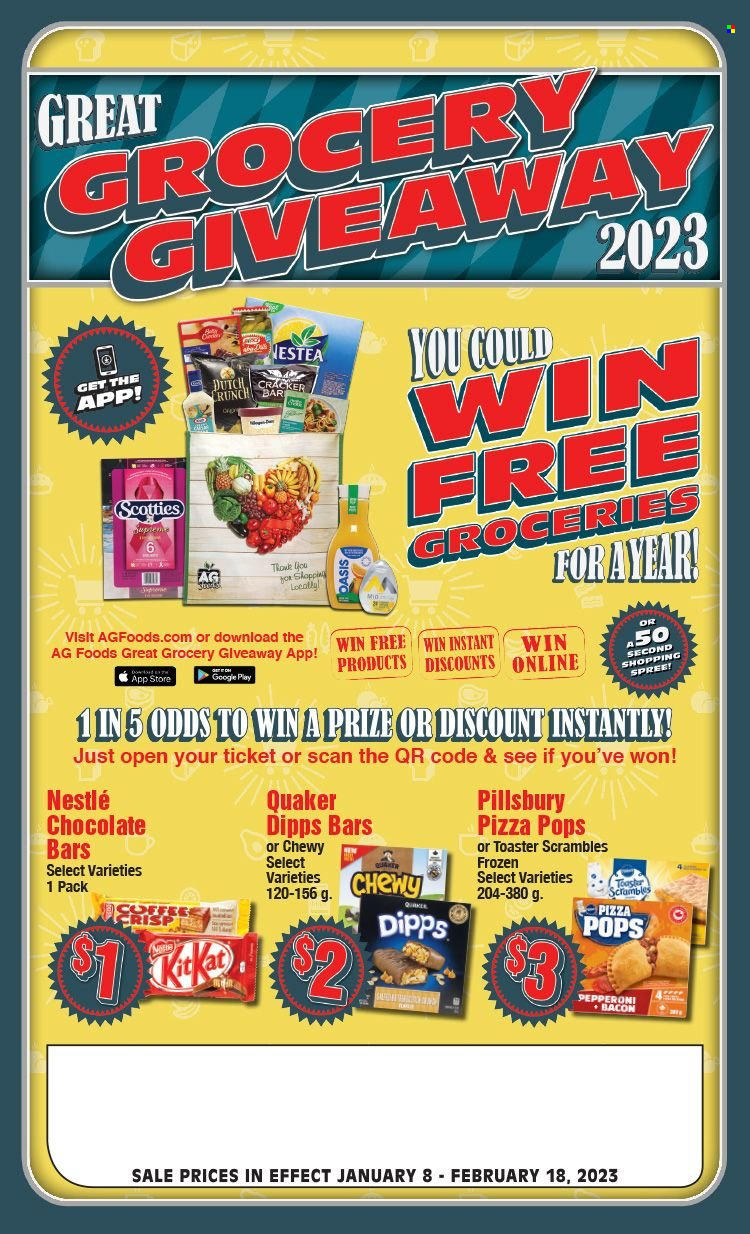 thumbnail - AG Foods Flyer - January 08, 2023 - February 18, 2023 - Sales products - pizza, Pillsbury, Quaker, bacon, pepperoni, crackers, chocolate bar, coffee, Nestlé. Page 1.