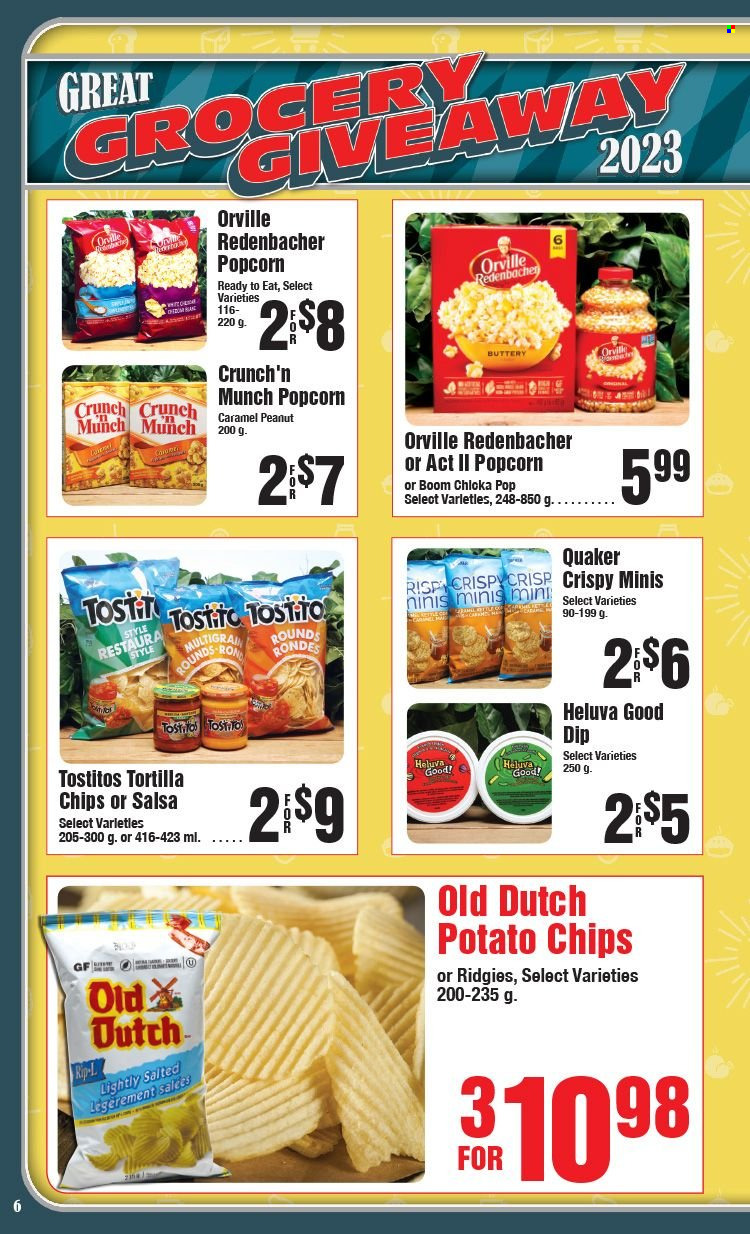thumbnail - AG Foods Flyer - January 08, 2023 - February 18, 2023 - Sales products - Quaker, dip, tortilla chips, potato chips, chips, popcorn, Tostitos, salsa, Ron Pelicano. Page 6.