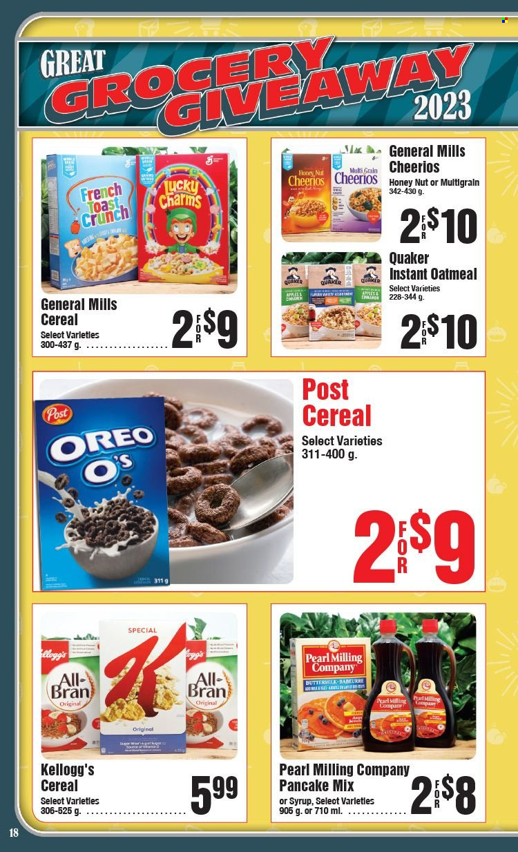 thumbnail - AG Foods Flyer - January 08, 2023 - February 18, 2023 - Sales products - pancakes, Quaker, buttermilk, Kellogg's, oatmeal, cereals, Cheerios, All-Bran, Oreo. Page 18.