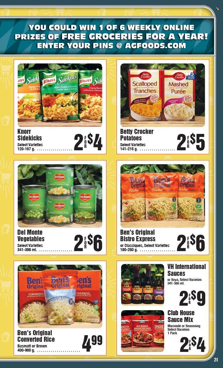 thumbnail - AG Foods Flyer - January 08, 2023 - February 18, 2023 - Sales products - corn, peas, bacon, cheddar, Del Monte, basmati rice, rice, spice, marinade, Knorr. Page 21.
