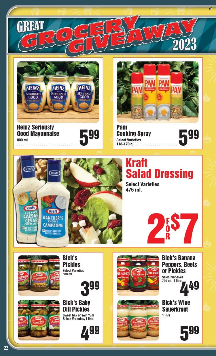 thumbnail - AG Foods Flyer - January 08, 2023 - February 18, 2023 - Sales products - Kraft®, mayonnaise, sauerkraut, pickles, dill, salad dressing, dressing, cooking spray, wine, Heinz. Page 22.