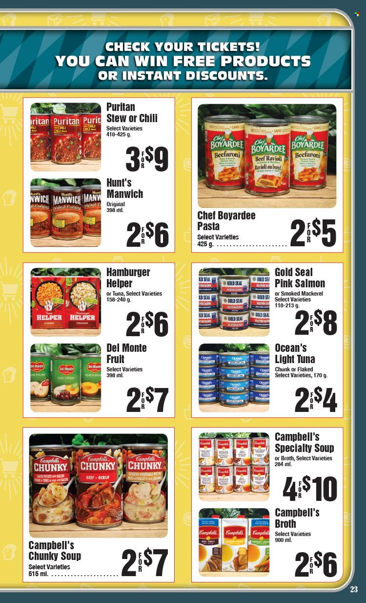 thumbnail - AG Foods Flyer - January 08, 2023 - February 18, 2023 - Sales products - mackerel, salmon, Campbell's, ravioli, soup, pasta, bacon, broth, light tuna, Manwich, Chef Boyardee, Del Monte. Page 23.