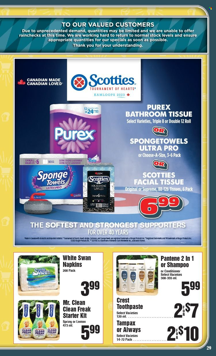 thumbnail - AG Foods Flyer - January 08, 2023 - February 18, 2023 - Sales products - napkins, bath tissue, Purex, toothpaste, Crest, conditioner, Pantene, shampoo, Tampax. Page 29.