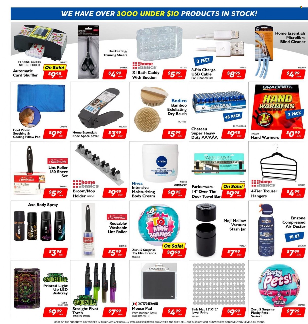 thumbnail - Factory Direct Flyer - January 18, 2023 - March 29, 2023 - Sales products - iPad, Zuru 5 Surprise, cleaner, air duster, Nivea, body spray, Axe, hanger, broom, bath caddy, pin, lint roller, pillow, Sunbeam, towel, mouse, mouse pad, roller, toys, torch. Page 3.