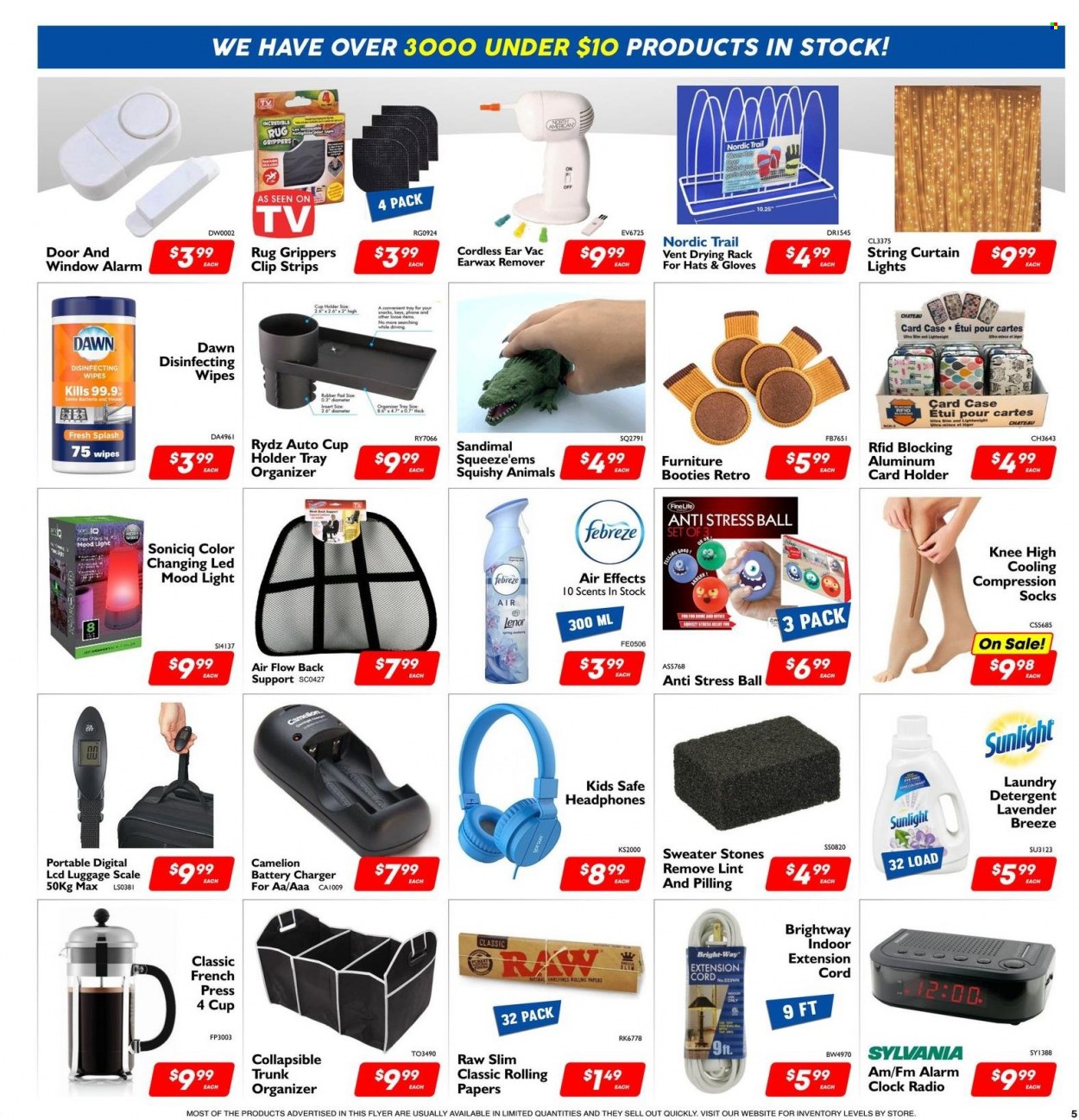 thumbnail - Factory Direct Flyer - January 18, 2023 - March 29, 2023 - Sales products - scale, Febreze, wipes, laundry detergent, Sunlight, Lenor, clock, alarm clock, luggage scale, drying rack, gloves, tray, cup, eraser, battery charger, Sylvania, curtain, alarm, radio, headphones, French press, clock radio, socks, compression stockings, detergent. Page 5.