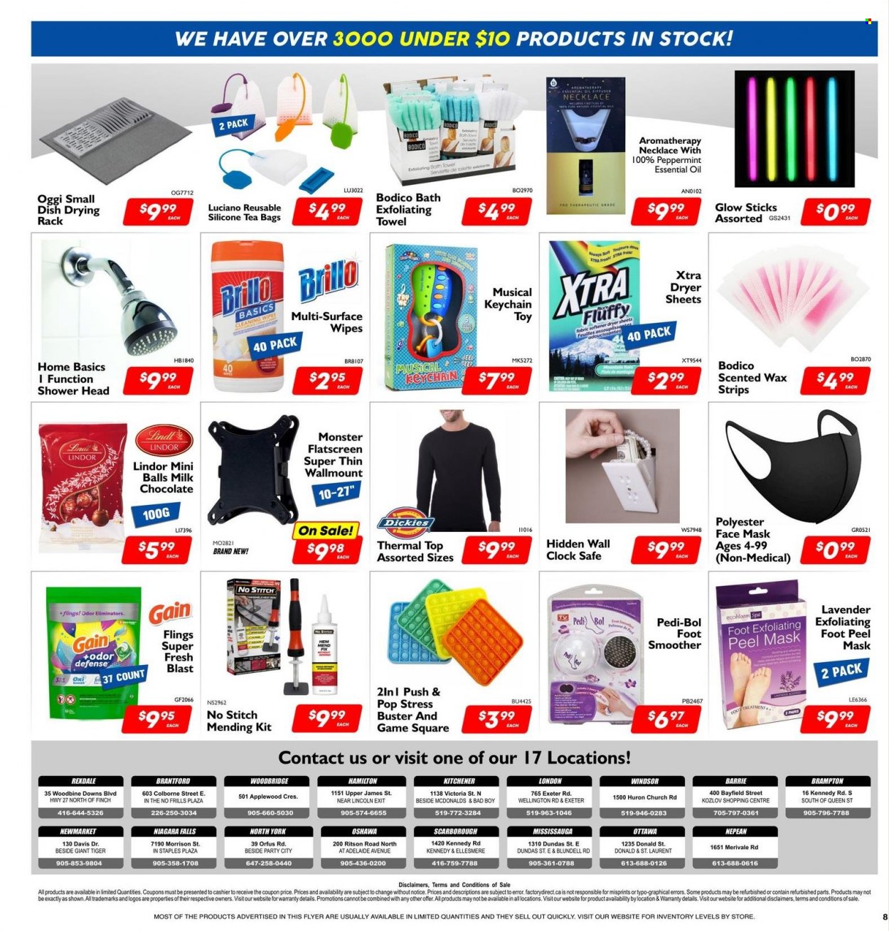 thumbnail - Factory Direct Flyer - January 18, 2023 - March 29, 2023 - Sales products - milk chocolate, chocolate, Gain, wipes, odor eliminator, fabric softener, dryer sheets, XTRA, face mask, clock, drying rack, towel, toys, Dickies, Lindt, Lindor. Page 8.