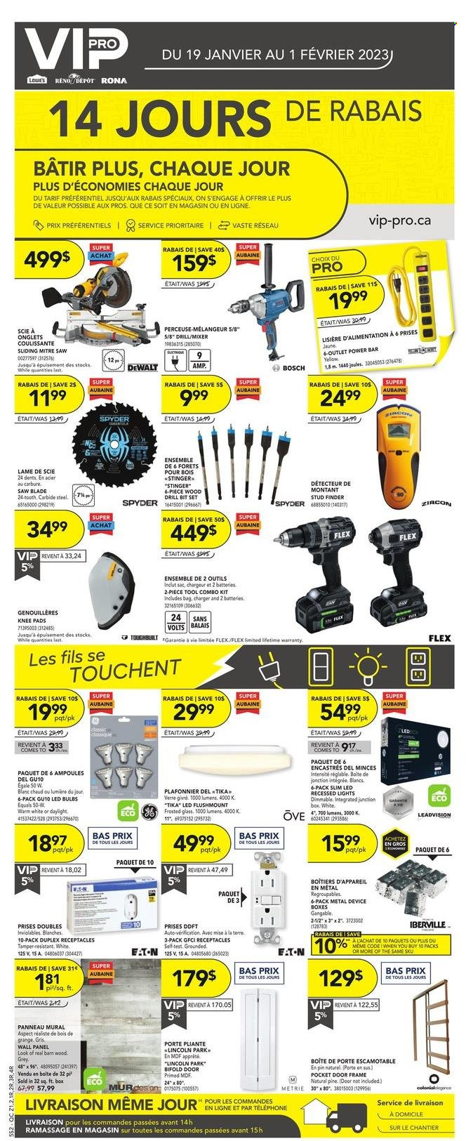 thumbnail - Réno-Dépôt Flyer - January 19, 2023 - February 01, 2023 - Sales products - Bosch, mixer, wall paneling, door, junction box, DeWALT, drill bit set, saw, combo kit, knee pads. Page 1.