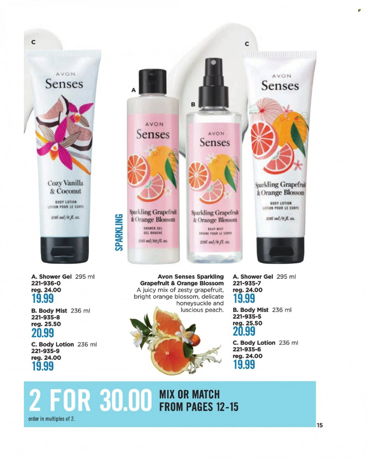thumbnail - Avon Flyer - Sales products - shower gel, Avon, body lotion, body mist. Page 15.