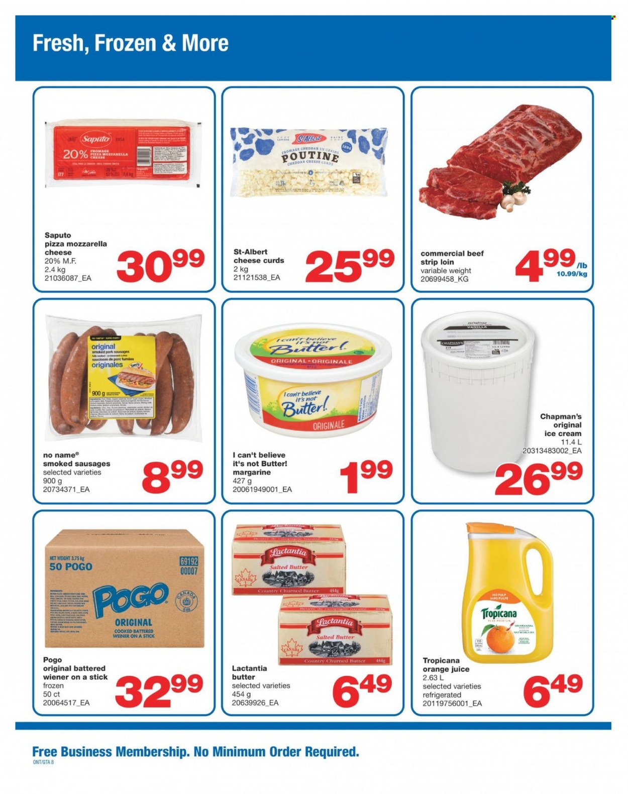 thumbnail - Wholesale Club Flyer - January 19, 2023 - February 01, 2023 - Sales products - No Name, pizza, sausage, cheddar, cheese curd, margarine, salted butter, I Can't Believe It's Not Butter, ice cream, orange juice, juice. Page 8.