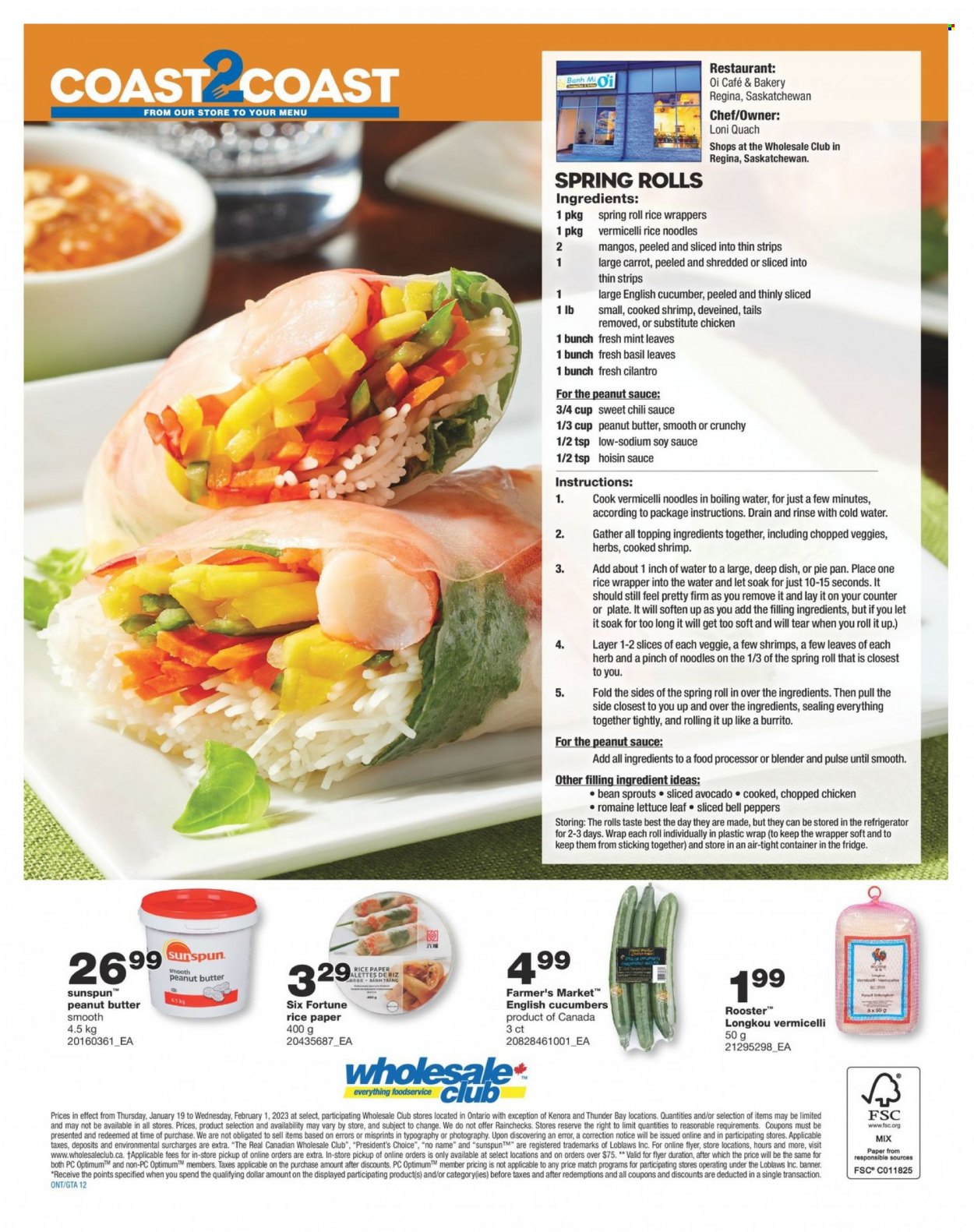 thumbnail - Wholesale Club Flyer - January 19, 2023 - February 01, 2023 - Sales products - avocado, shrimps, No Name, spring rolls, burrito, noodles, topping, rice vermicelli, cilantro, soy sauce, hoisin sauce, chilli sauce, wrapper, plate, pan, cup, container, bean sprouts. Page 12.