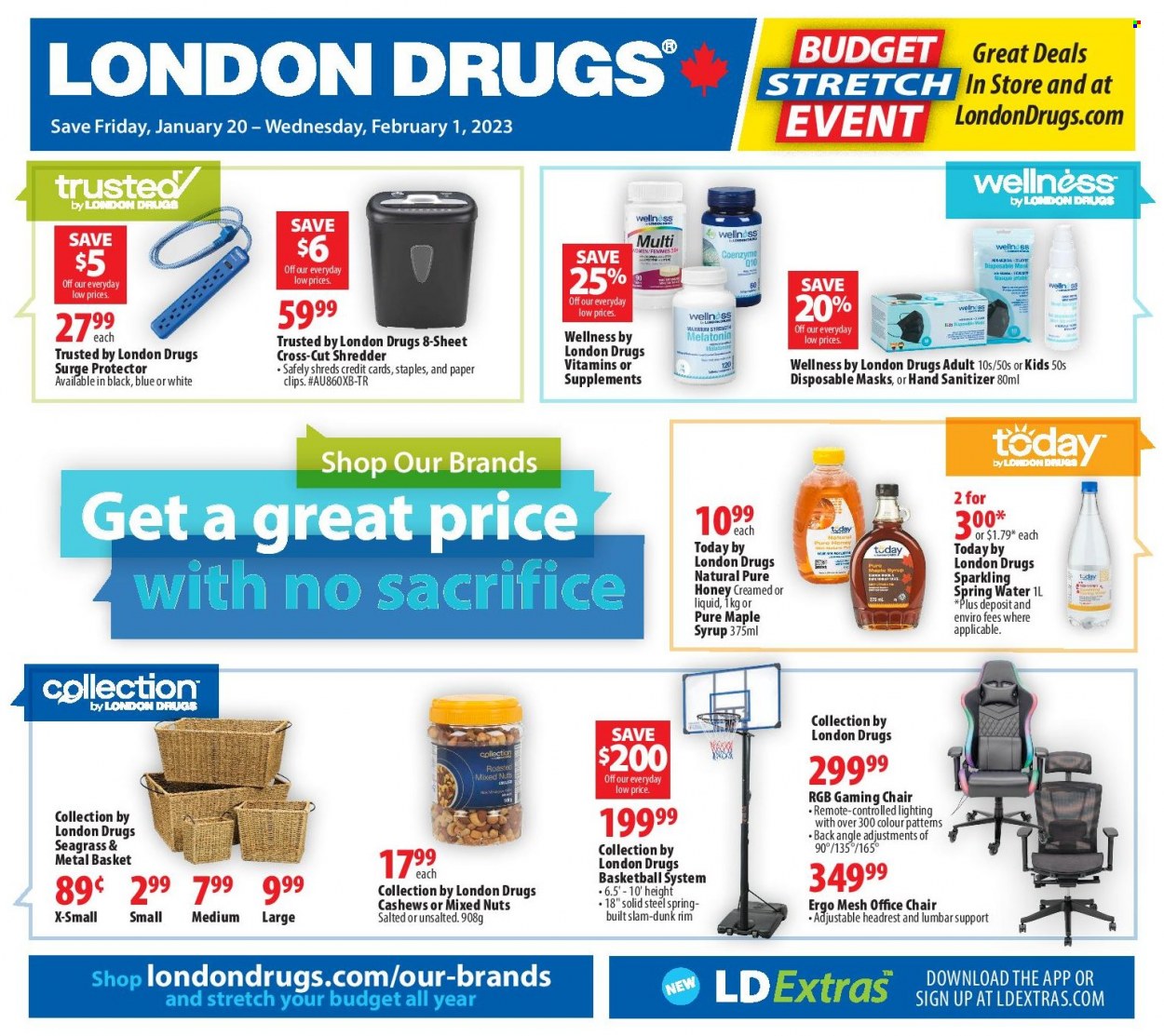 thumbnail - London Drugs Flyer - January 20, 2023 - February 01, 2023 - Sales products - chair, maple syrup, honey, syrup, cashews, mixed nuts, spring water, hand sanitizer, basket, paper, shredder, office chair, Melatonin. Page 1.