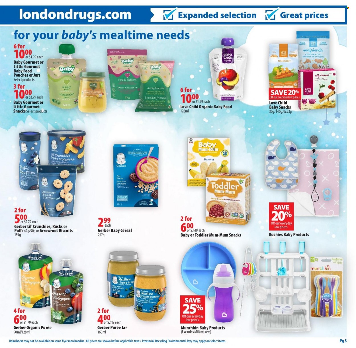 thumbnail - London Drugs Flyer - January 20, 2023 - February 15, 2023 - Sales products - chocolate chips, biscuit, Gerber, Lil' Crunchies, oats, cereals, puffs, Mum, jar, Beats, quinoa. Page 3.