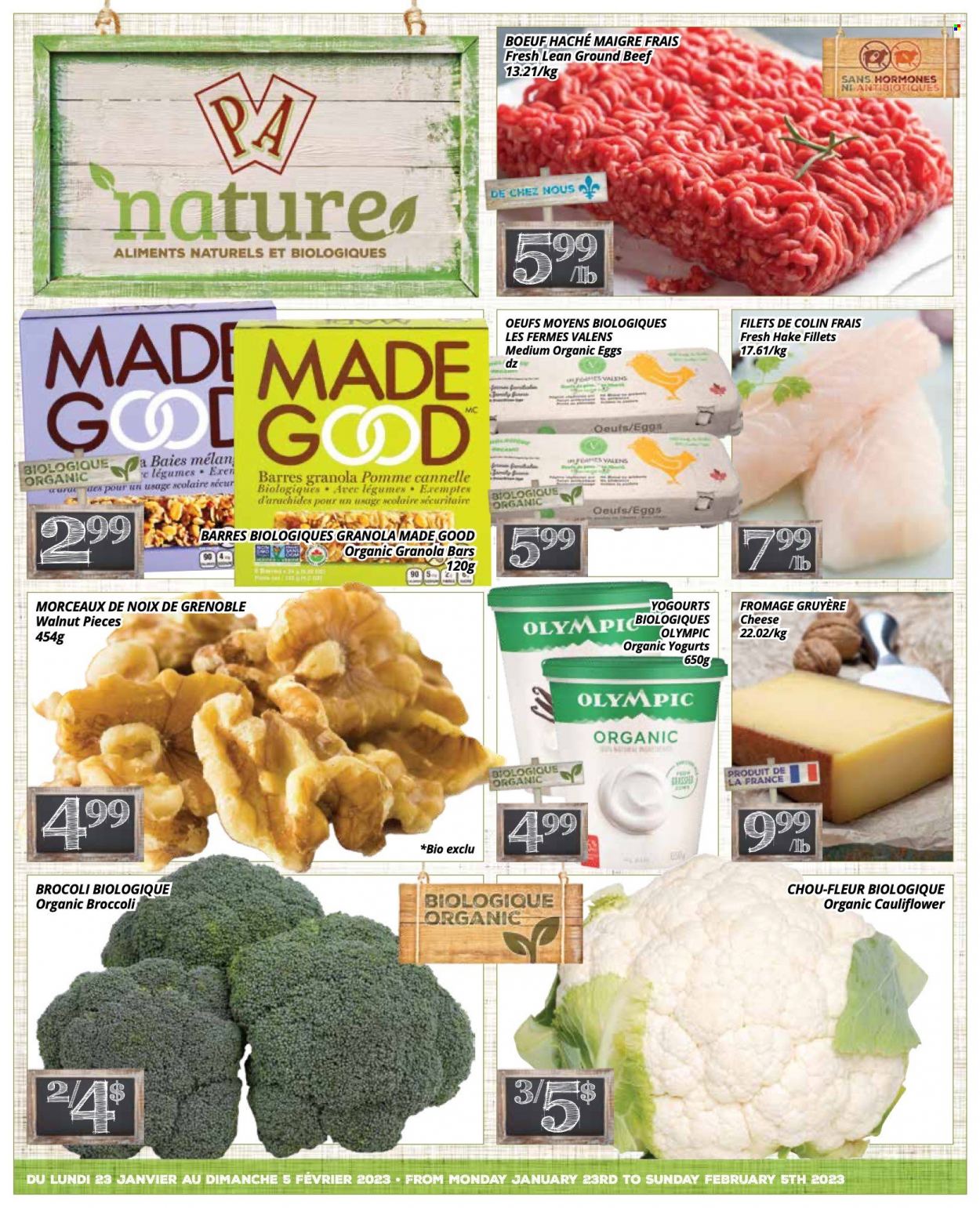 thumbnail - PA Nature Flyer - January 23, 2023 - February 05, 2023 - Sales products - broccoli, cauliflower, hake, Gruyere, cheese, eggs, granola bar, walnuts, beef meat, ground beef. Page 1.