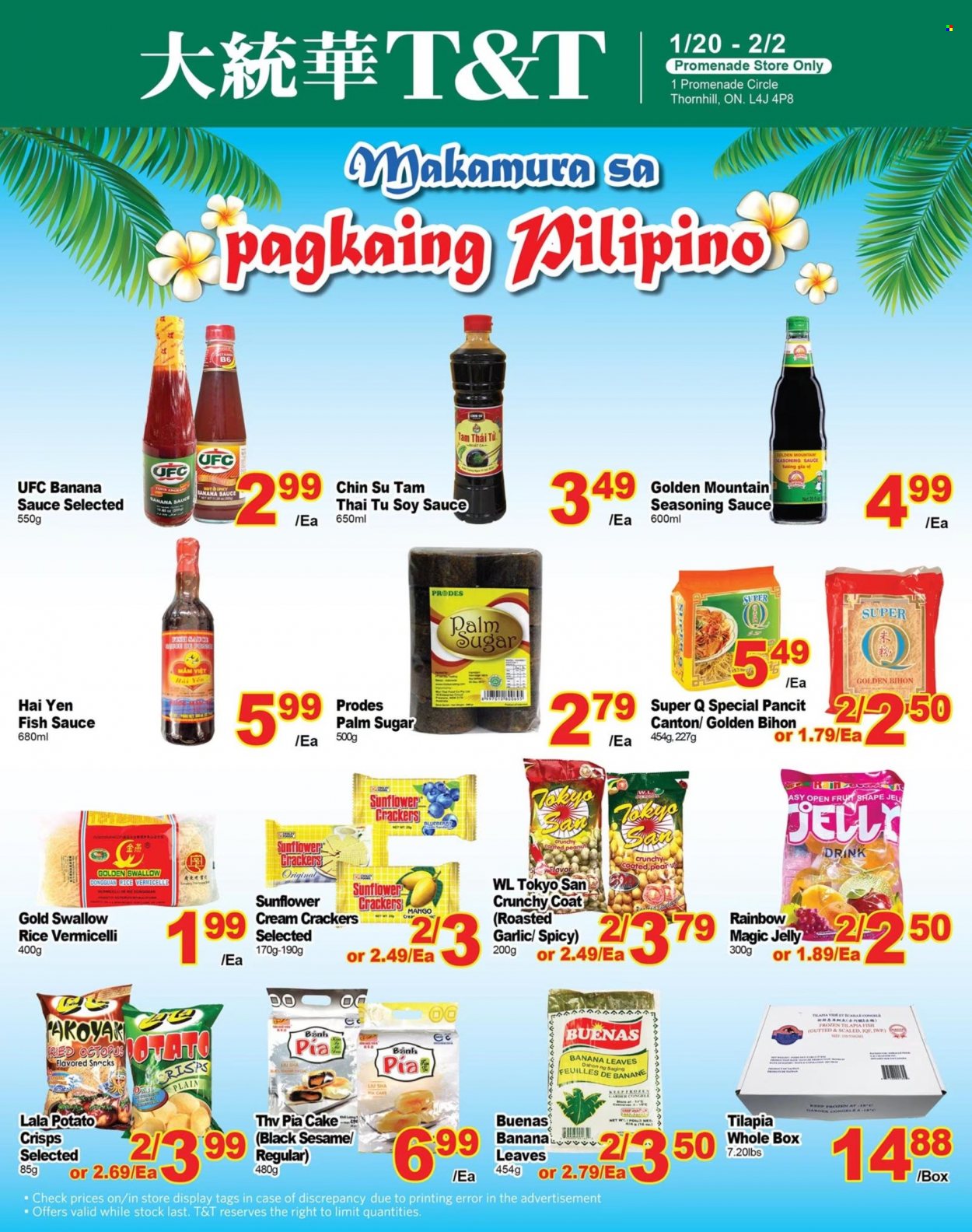 thumbnail - T&T Supermarket Flyer - January 20, 2023 - February 02, 2023 - Sales products - cake, mango, tilapia, fish, sauce, jelly, crackers, potato crisps, rice, rice vermicelli, spice, fish sauce, soy sauce, Canon. Page 1.