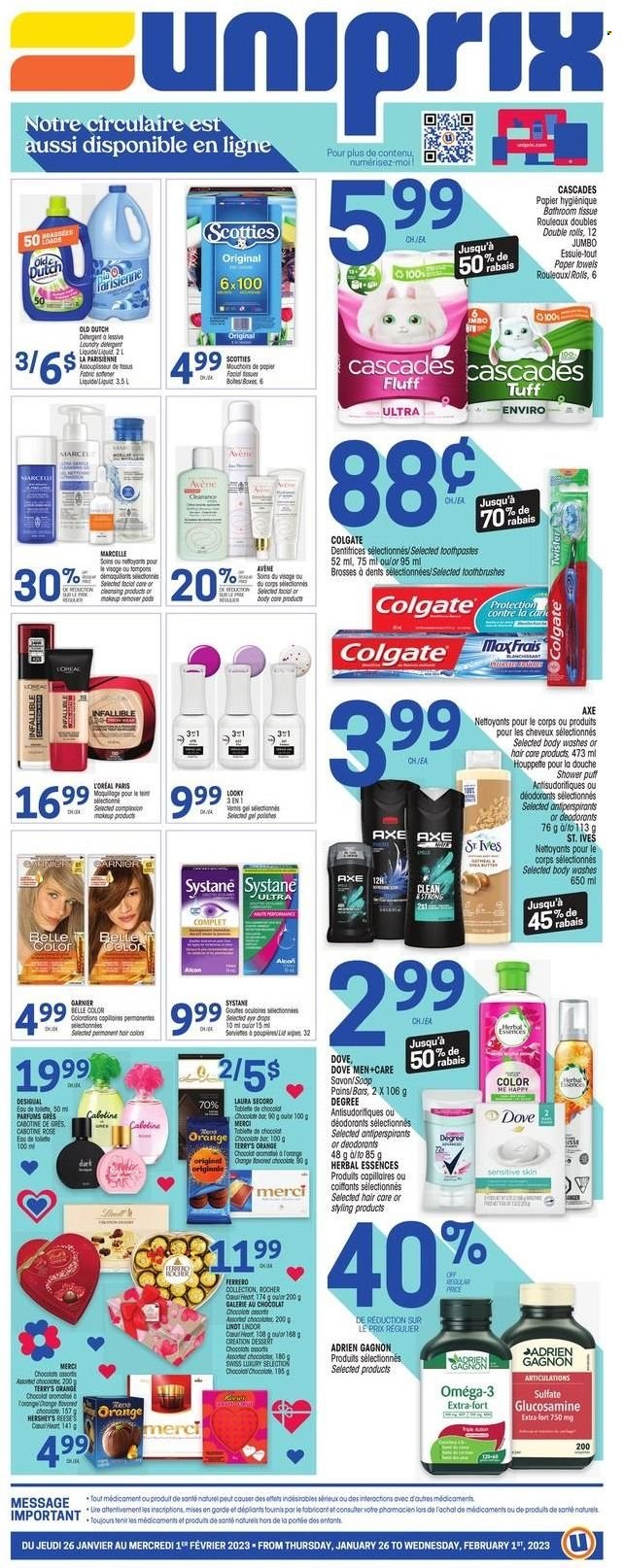 thumbnail - Uniprix Flyer - January 26, 2023 - February 01, 2023 - Sales products - Dove, Reese's, Hershey's, Merci, chocolate bar, Koo, wipes, bath tissue, kitchen towels, paper towels, L’Oréal, Herbal Essences, Axe, makeup, glucosamine, Omega-3, eye drops, detergent, Colgate, Garnier, Systane, Lindt, Lindor, Ferrero Rocher, deodorant. Page 1.