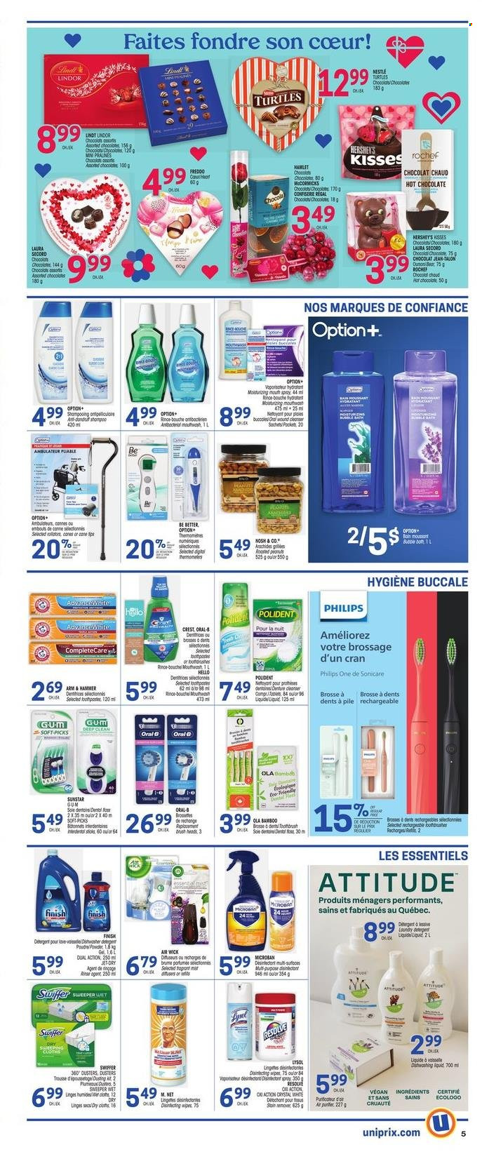 thumbnail - Uniprix Flyer - January 26, 2023 - February 01, 2023 - Sales products - Hershey's, ARM & HAMMER, roasted peanuts, peanuts, hot chocolate, wipes, Lysol, Swiffer, laundry detergent, dishwashing liquid, bubble bath, toothbrush, mouthwash, Polident, Crest, detergent, Nestlé, shampoo, pralines, Oral-B, Lindor, desinfection. Page 6.