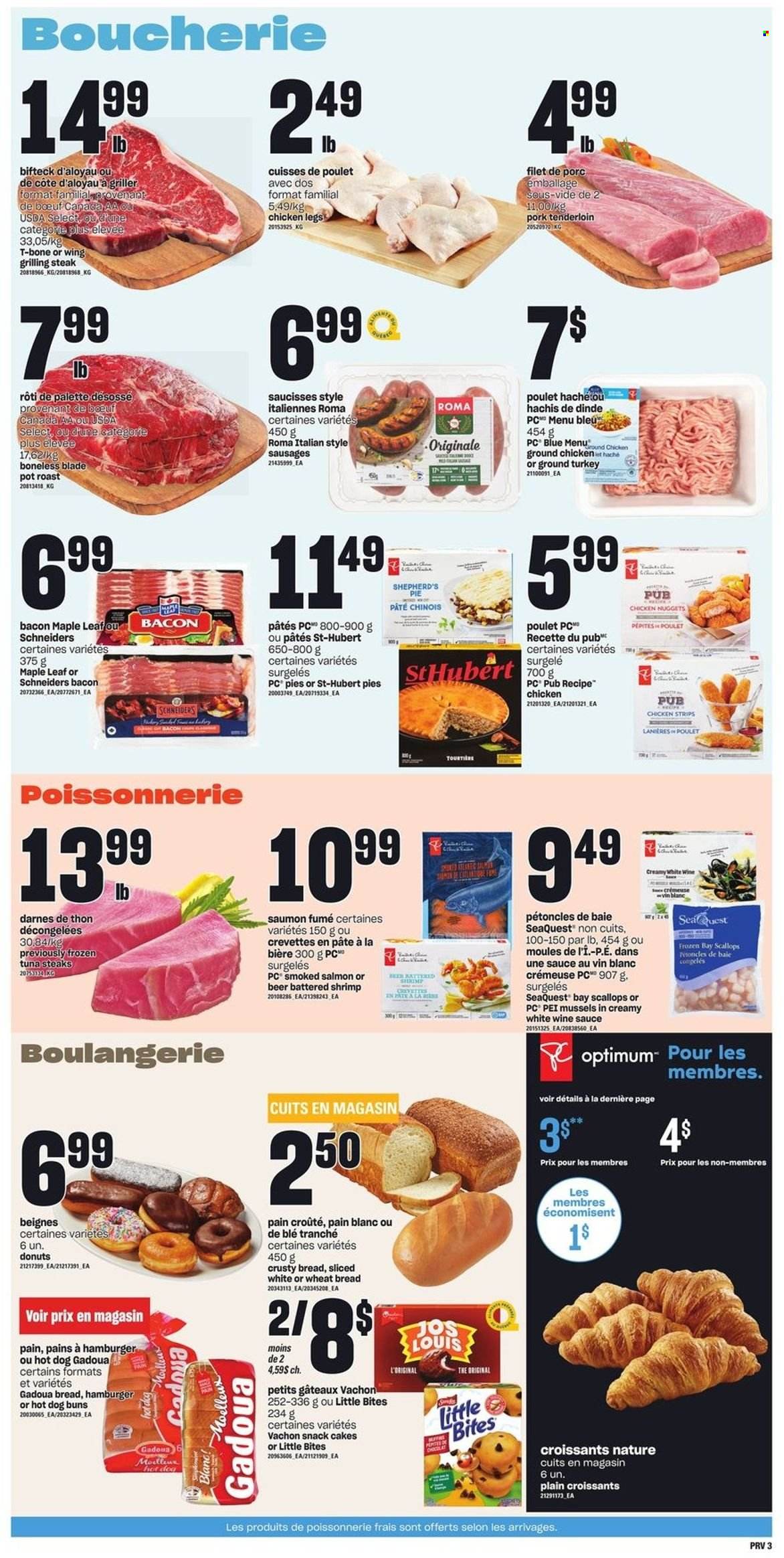 thumbnail - Provigo Flyer - January 26, 2023 - February 01, 2023 - Sales products - wheat bread, cake, croissant, buns, donut, mussels, salmon, scallops, smoked salmon, tuna, shrimps, nuggets, sauce, chicken nuggets, bacon, sausage, strips, chicken strips, snack, Little Bites, beer, ground chicken, ground turkey, chicken legs, chicken, turkey, beef meat, t-bone steak, pork meat, pork tenderloin, Palette, Optimum, steak. Page 4.