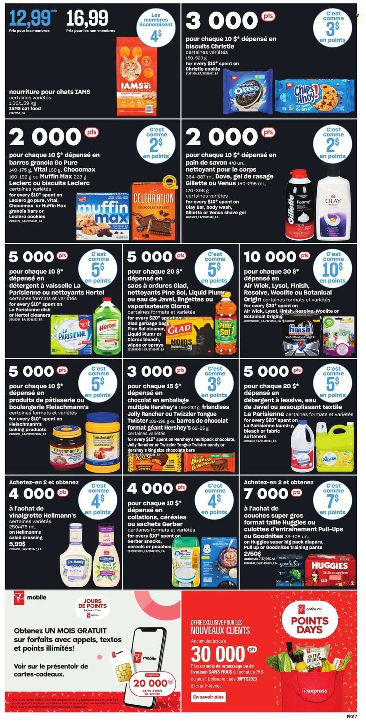 thumbnail - Provigo Flyer - January 26, 2023 - February 01, 2023 - Sales products - muffin, corn, Hellmann’s, Hershey's, cookies, Dove, snack, Celebration, biscuit, chocolate bar, Gerber, chips, cereals, granola bar, salad dressing, vinaigrette dressing, dressing, wipes, pants, nappies, baby pants, cleaner, bleach, Lysol, Clorox, Woolite, Pine-Sol, Finish Powerball, Finish Quantum Ultimate, body wash, Gillette, Olay, shave gel, Venus, Air Wick, animal food, cat food, Optimum, Iams, detergent, Huggies, Oreo, Twister. Page 8.