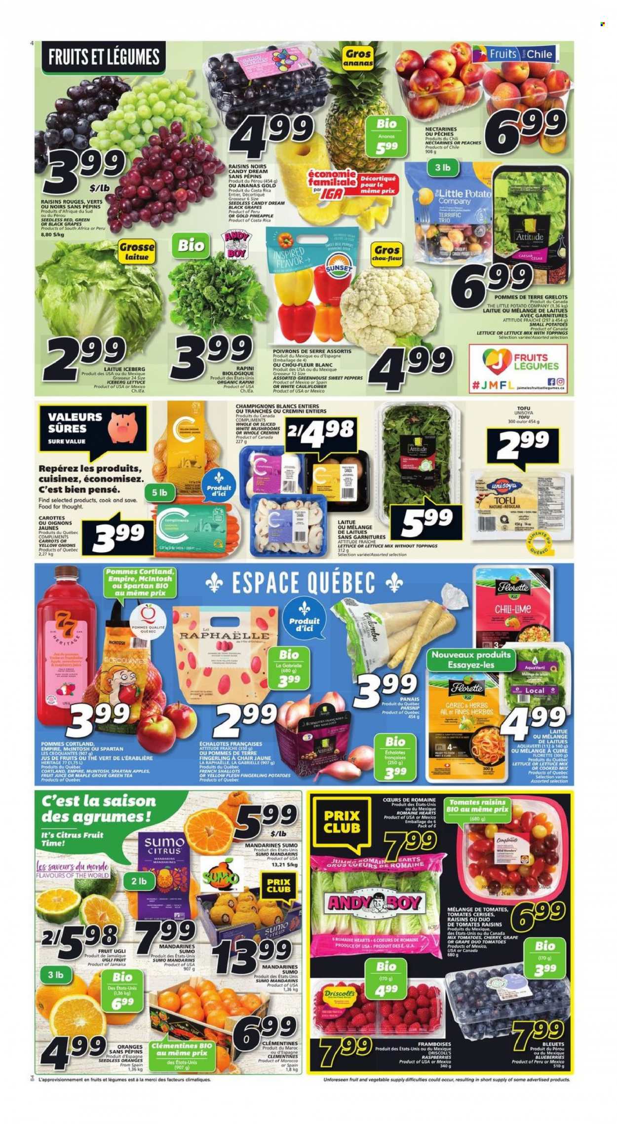 thumbnail - IGA Flyer - January 26, 2023 - February 01, 2023 - Sales products - mushrooms, bell peppers, carrots, cauliflower, shallots, sweet peppers, potatoes, parsnips, onion, lettuce, peppers, apples, blueberries, clementines, mandarines, nectarines, pineapple, oranges, peaches, sumo citrus, tofu, Merci, dried fruit, juice, fruit juice, green tea, tea, raisins. Page 3.