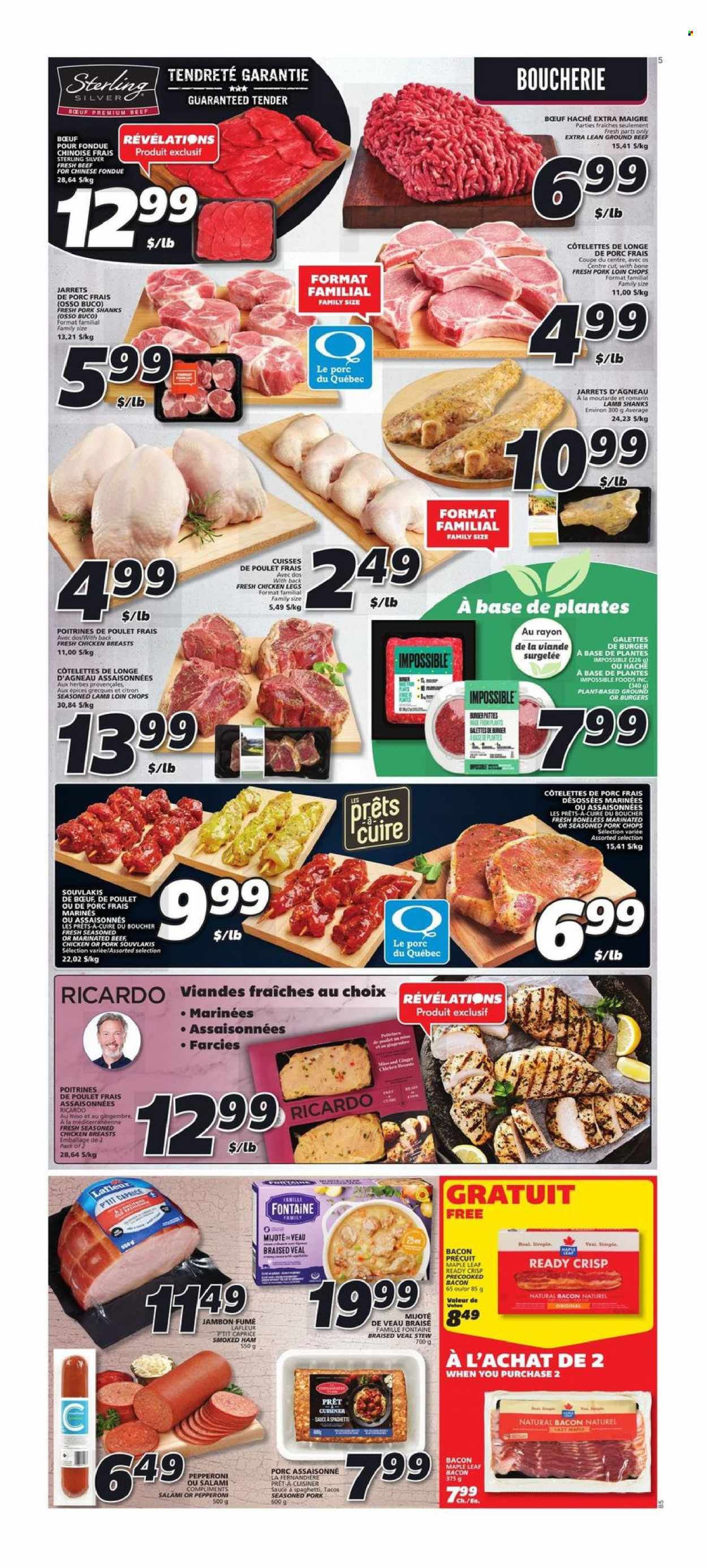 thumbnail - IGA Flyer - January 26, 2023 - February 01, 2023 - Sales products - tacos, spaghetti, sauce, bacon, salami, ham, smoked ham, pepperoni, miso, chicken breasts, chicken legs, chicken, beef meat, ground beef, marinated beef, pork chops, pork meat, lamb loin, lamb meat. Page 4.