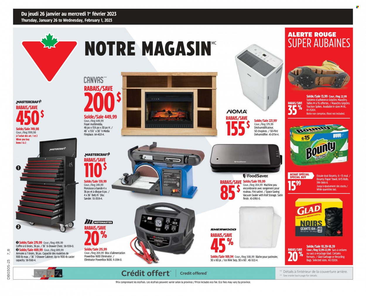 thumbnail - Canadian Tire Flyer - January 26, 2023 - February 01, 2023 - Sales products - Bounty, paper towels, vacuum sealer, cabinet, drawer cabinet, fireplace, belt. Page 1.