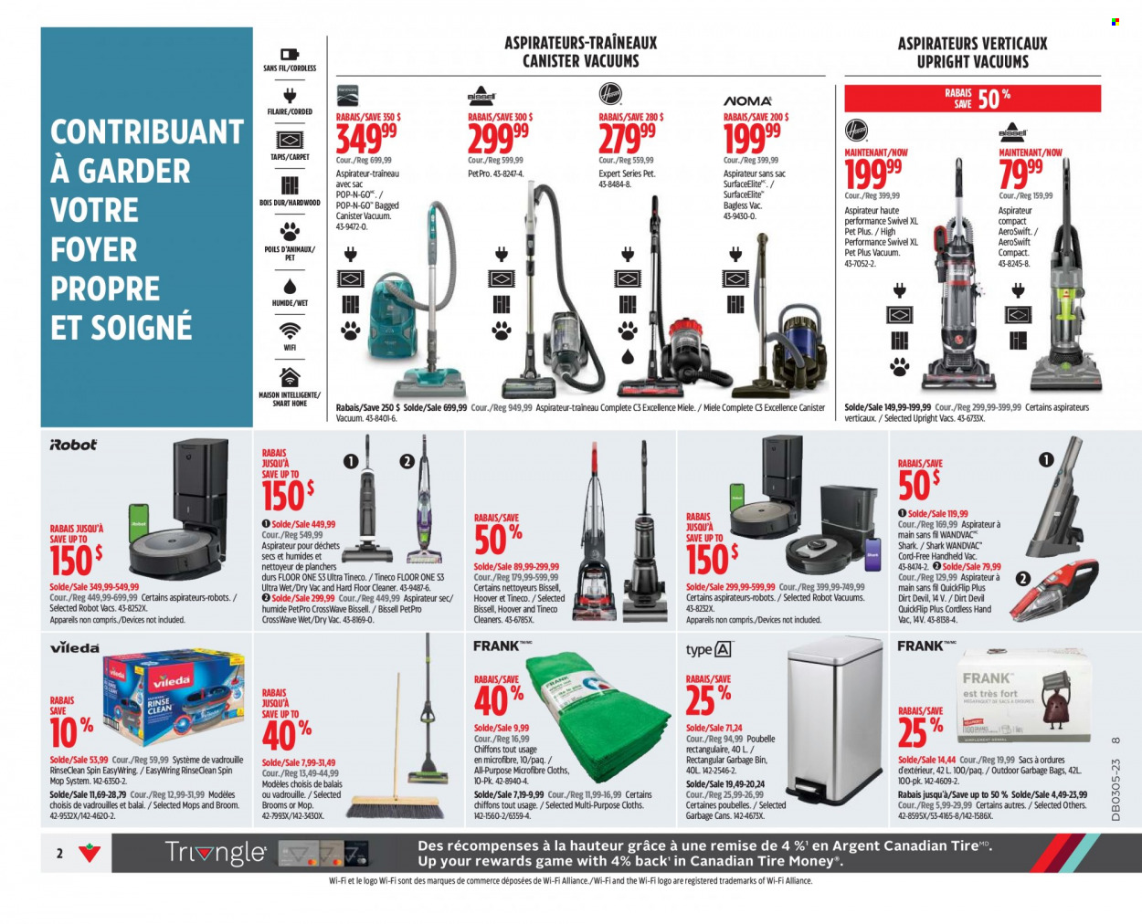 thumbnail - Canadian Tire Flyer - January 26, 2023 - February 01, 2023 - Sales products - cleaner, floor cleaner, Vileda, spin mop, mop, broom, Bissell, vacuum cleaner, robot, Miele. Page 2.