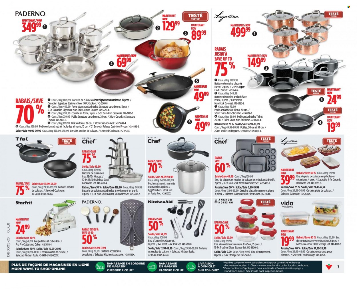 thumbnail - Canadian Tire Flyer - January 26, 2023 - February 01, 2023 - Sales products - cookware set, KitchenAid, pot, pan, wok, casserole, stockpot, bakeware, frying pan, kitchen tools, storage container set, cutter, Anchor, iron, tool set. Page 7.