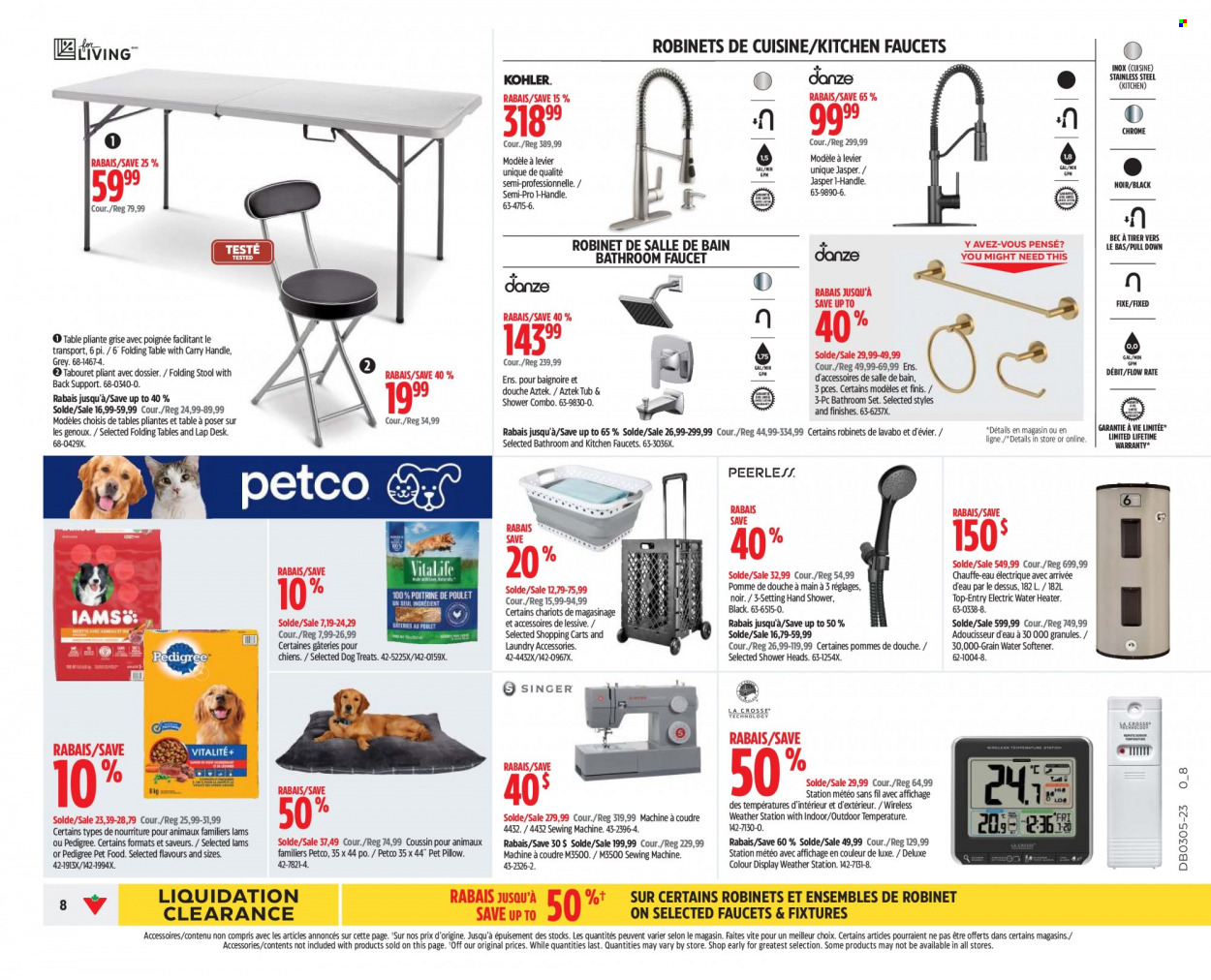 thumbnail - Canadian Tire Flyer - January 26, 2023 - February 01, 2023 - Sales products - fabric softener, pillow, animal food, Pedigree, Iams, water heater, sewing machine, water softener, table, stool, desk, folding table, hand shower, faucet. Page 8.