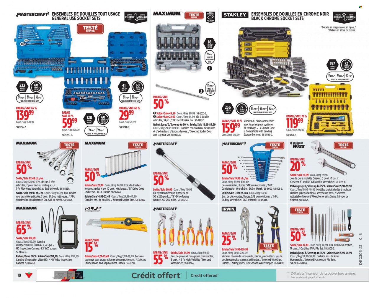 thumbnail - Canadian Tire Flyer - January 26, 2023 - February 01, 2023 - Sales products - knife, Stanley, wrench, snips, pliers, socket set, crimper, wrench set, torque wrench, camera. Page 10.