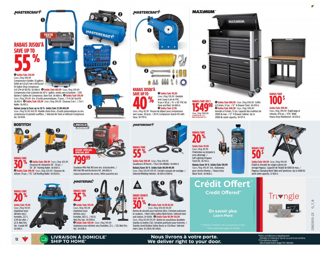 thumbnail - Canadian Tire Flyer - January 26, 2023 - February 01, 2023 - Sales products - eraser, battery, Hewlett Packard, vacuum cleaner, cabinet, table, work bench, drawer cabinet, boots, torch, reel, Stanley, lighting, tool set, air compressor, nailer, air hose, welder. Page 11.