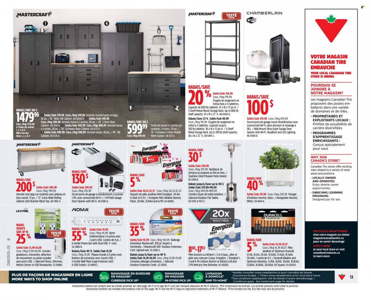 thumbnail - Canadian Tire Flyer - January 26, 2023 - February 01, 2023 - Sales products - plate, Duracell, Optimum, motion sensor, Hewlett Packard, cabinet, table, drawer base, shelves, lighting, surge, surge protector, heater, door opener, garage door opener, belt, extension cord, Energizer. Page 12.