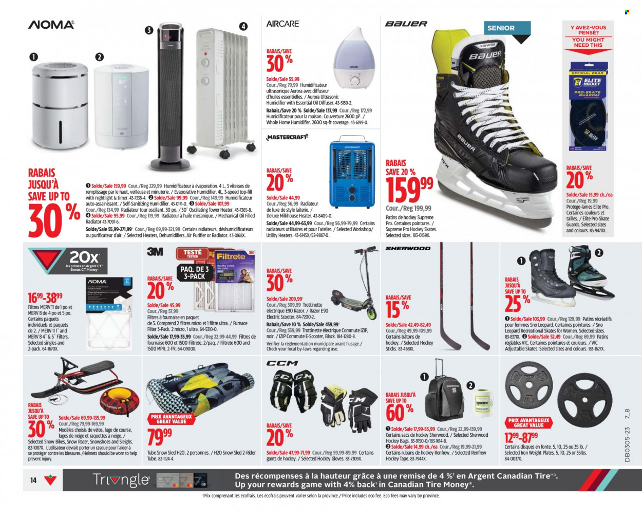 thumbnail - Canadian Tire Flyer - January 26, 2023 - February 01, 2023 - Sales products - bag, plate, diffuser, air purifier, iron, humidifier, Filtrete, electric scooter, razor, hockey skates, skates, heater, furnace. Page 13.