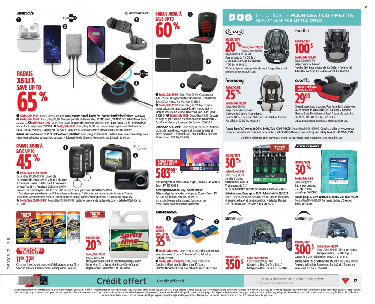 thumbnail - Canadian Tire Flyer - January 26, 2023 - February 01, 2023 - Sales products - cleansing wipes, wipes, cleaner, eraser, cushion, power bank, TV, earbuds, RCA, tarps, baby car seat, strap, shed, Armor All, starter, degreaser, wheel covers, camera, Michelin, smart tv, desinfection. Page 16.