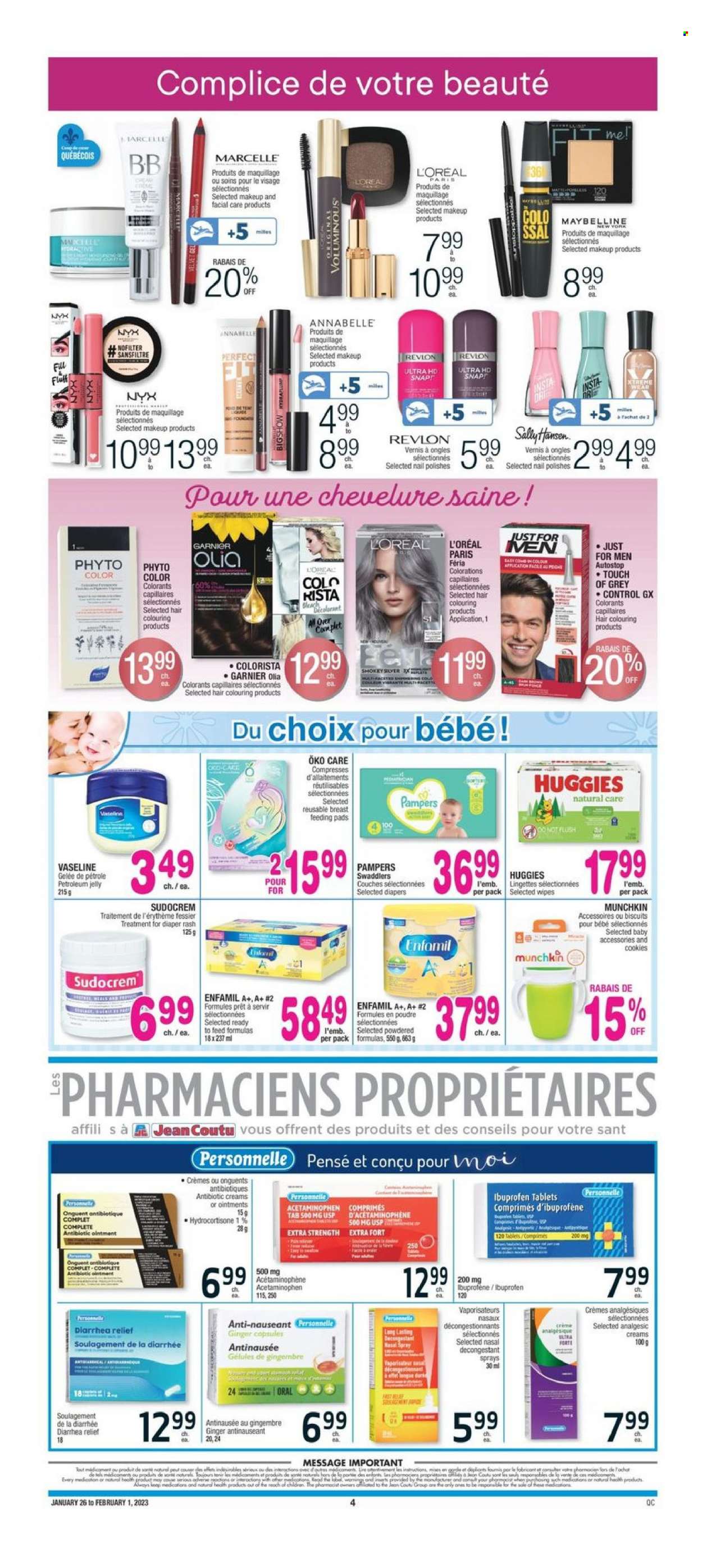 thumbnail - Jean Coutu Flyer - January 26, 2023 - February 01, 2023 - Sales products - cookies, biscuit, ginger, wipes, Pampers, nappies, ointment, petroleum jelly, Vaseline, L’Oréal, NYX Cosmetics, Revlon, makeup, Maybelline, Ibuprofen, nasal spray, Sudocrem, Garnier, Sally Hansen, Huggies. Page 3.