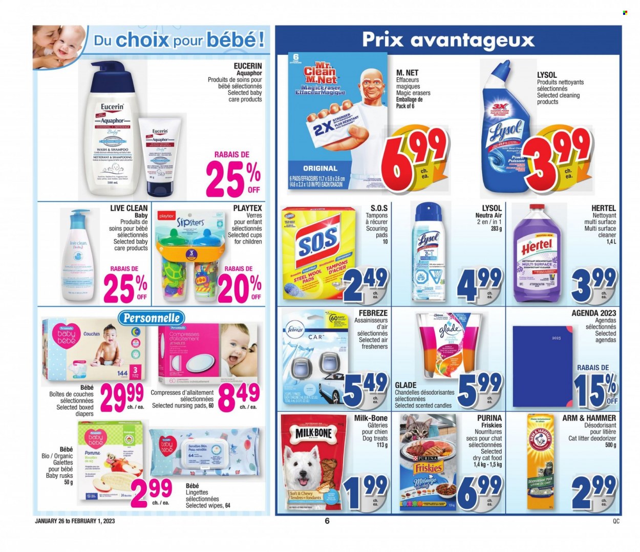 thumbnail - Jean Coutu Flyer - January 26, 2023 - February 01, 2023 - Sales products - ARM & HAMMER, wipes, nappies, Aquaphor, Febreze, surface cleaner, cleaner, Lysol, Clorox, soap, Playtex, tampons, Sure, candle, air freshener, Glade, Eucerin, shampoo, desinfection. Page 6.