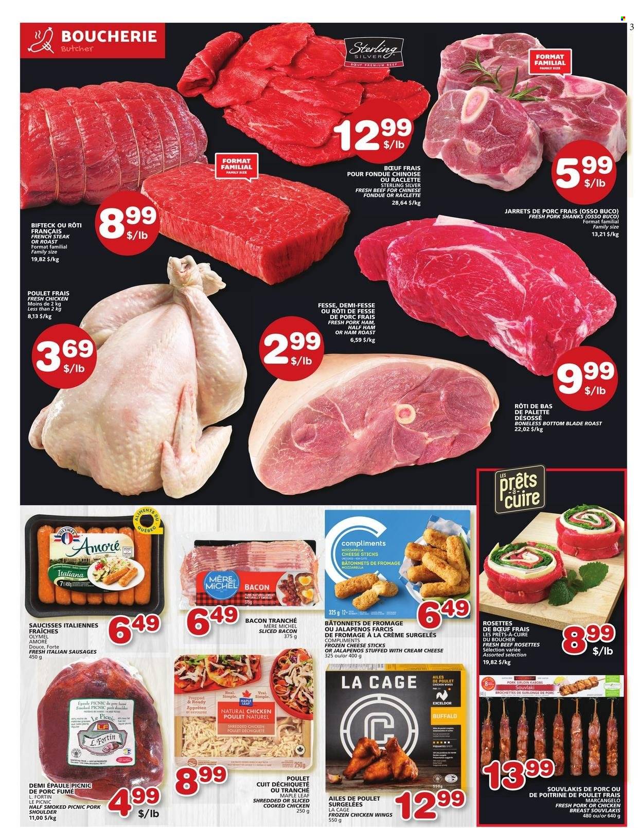thumbnail - Les Marchés Tradition Flyer - January 26, 2023 - February 01, 2023 - Sales products - bacon, half ham, sausage, raclette cheese, cheese, chicken wings, cheese sticks, chicken breasts, chicken, pork loin, pork meat, pork shoulder, Palette, steak. Page 3.