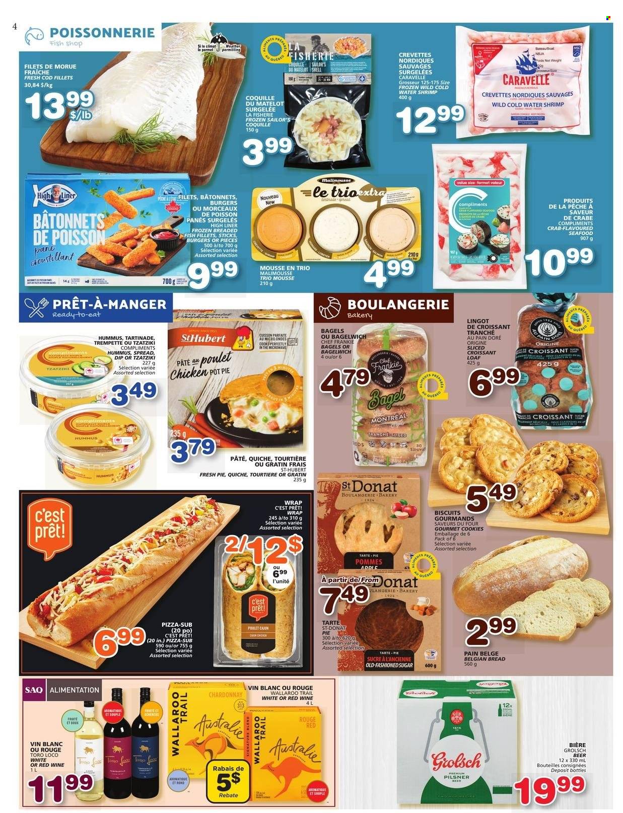 thumbnail - Les Marchés Tradition Flyer - January 26, 2023 - February 01, 2023 - Sales products - bagels, bread, pie, croissant, pot pie, cod, seafood, crab, fish, shrimps, pizza, hamburger, tzatziki, hummus, dip, cookies, biscuit, sugar, red wine, white wine, Chardonnay, beer, Grolsch. Page 4.