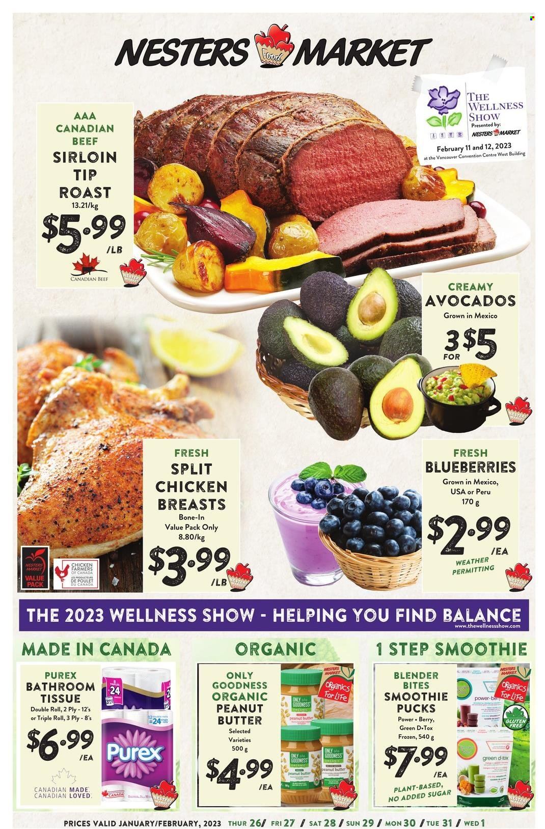 thumbnail - Nesters Food Market Flyer - January 26, 2023 - February 01, 2023 - Sales products - avocado, blueberries, peanut butter, chicken breasts, beef meat, beef sirloin, bath tissue, Purex. Page 1.