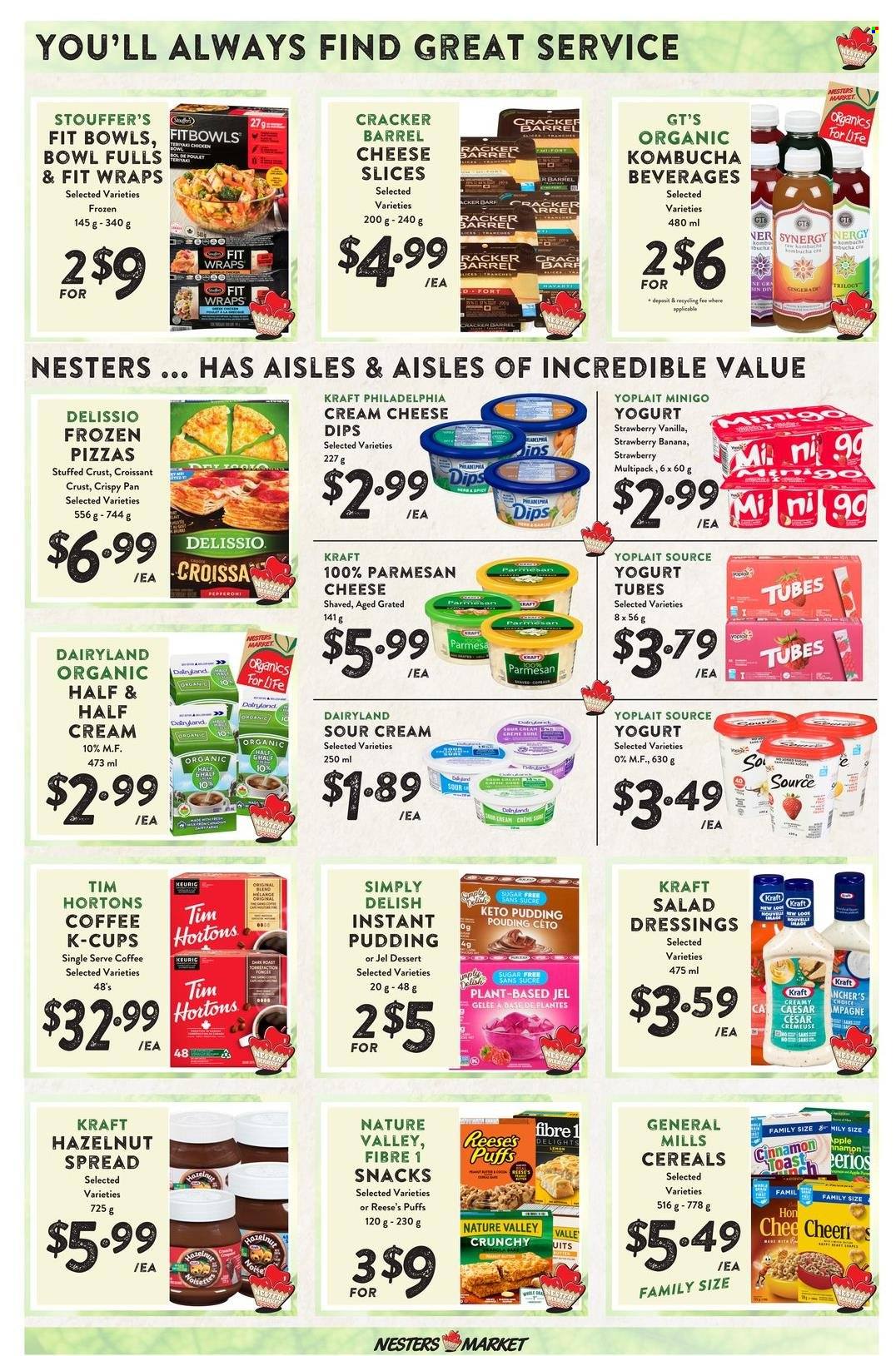 thumbnail - Nesters Food Market Flyer - January 26, 2023 - February 01, 2023 - Sales products - croissant, wraps, puffs, pizza, Kraft®, pepperoni, sliced cheese, parmesan, cheese, pudding, yoghurt, Yoplait, sour cream, Reese's, Stouffer's, snack, crackers, cereals, Cheerios, Nature Valley, cinnamon, salad dressing, hazelnut spread, kombucha, coffee, coffee capsules, K-Cups, Keurig, Half and half, Philadelphia. Page 4.