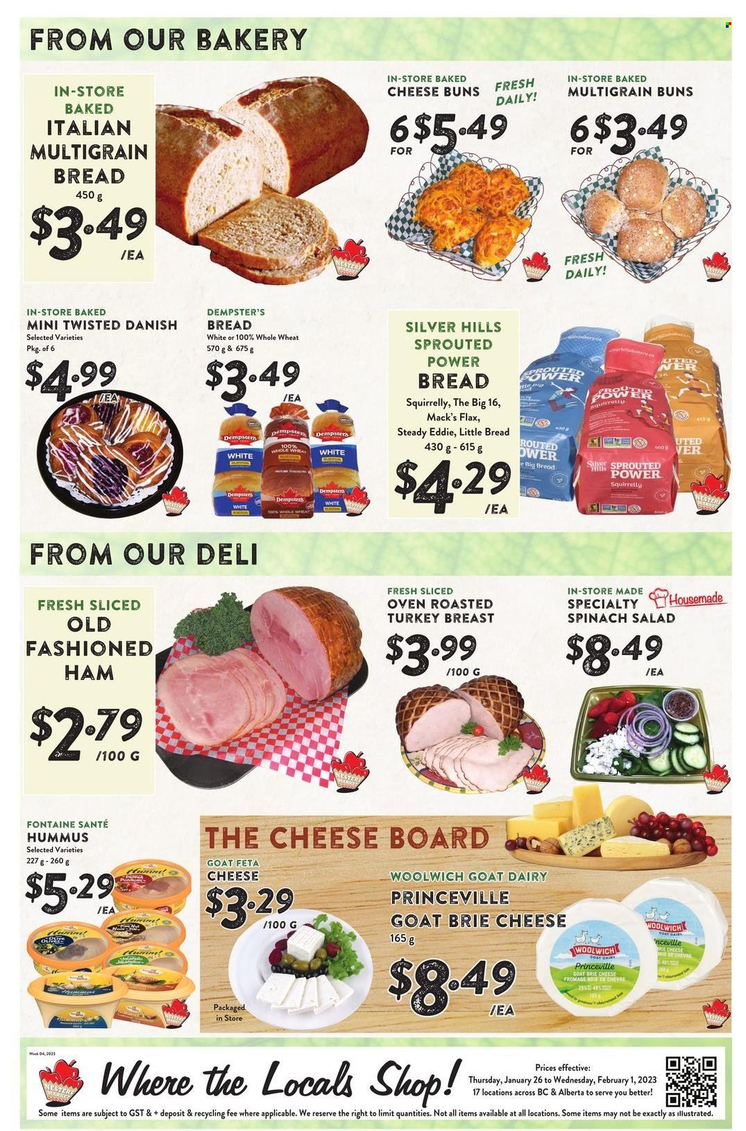 thumbnail - Nesters Food Market Flyer - January 26, 2023 - February 01, 2023 - Sales products - bread, multigrain bread, buns, salad, ham, hummus, brie, feta. Page 6.
