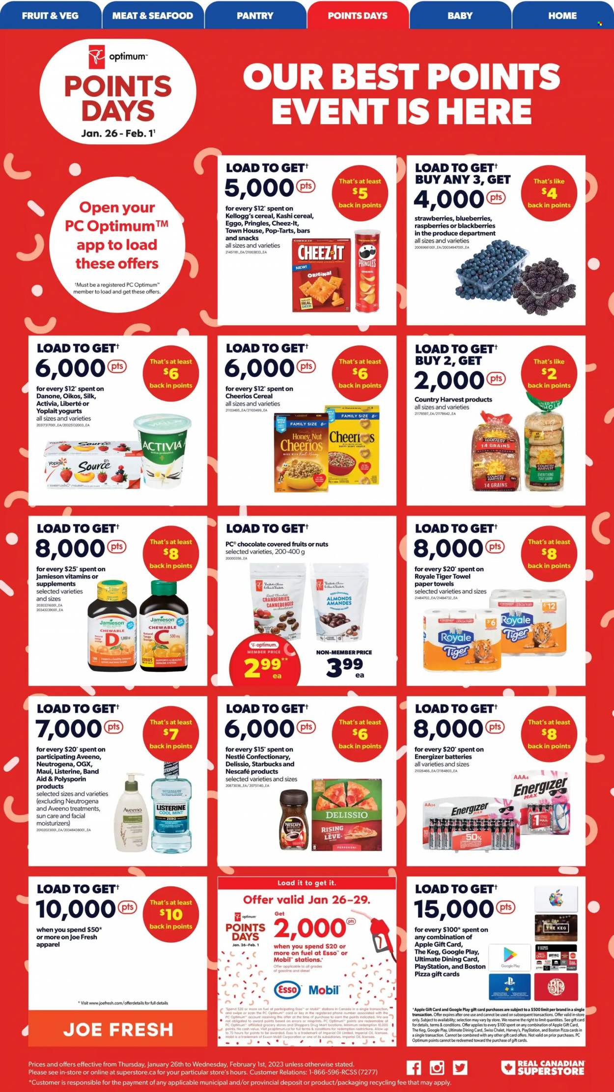 thumbnail - Real Canadian Superstore Flyer - January 26, 2023 - January 31, 2023 - Sales products - chair, blackberries, blueberries, oranges, seafood, pepperoni, Activia, Oikos, Yoplait, Silk, Country Harvest, crackers, Kellogg's, dark chocolate, Pop-Tarts, Pringles, Cheez-It, cranberries, cereals, Cheerios, Starbucks, Aveeno, kitchen towels, paper towels, moisturizer, OGX, battery, Optimum, PlayStation, probiotics, Energizer, Listerine, Nestlé, Neutrogena, Danone, Nescafé. Page 2.