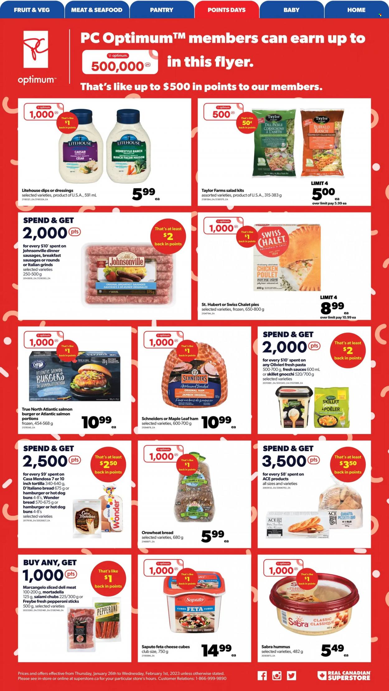 thumbnail - Real Canadian Superstore Flyer - January 26, 2023 - February 01, 2023 - Sales products - bread, tortillas, pie, buns, Ace, pot pie, salmon, seafood, mortadella, salami, ham, Johnsonville, sausage, pepperoni, hummus, cheese, feta, dill pickle, dill, pot, Optimum, ciabatta, gnocchi. Page 3.