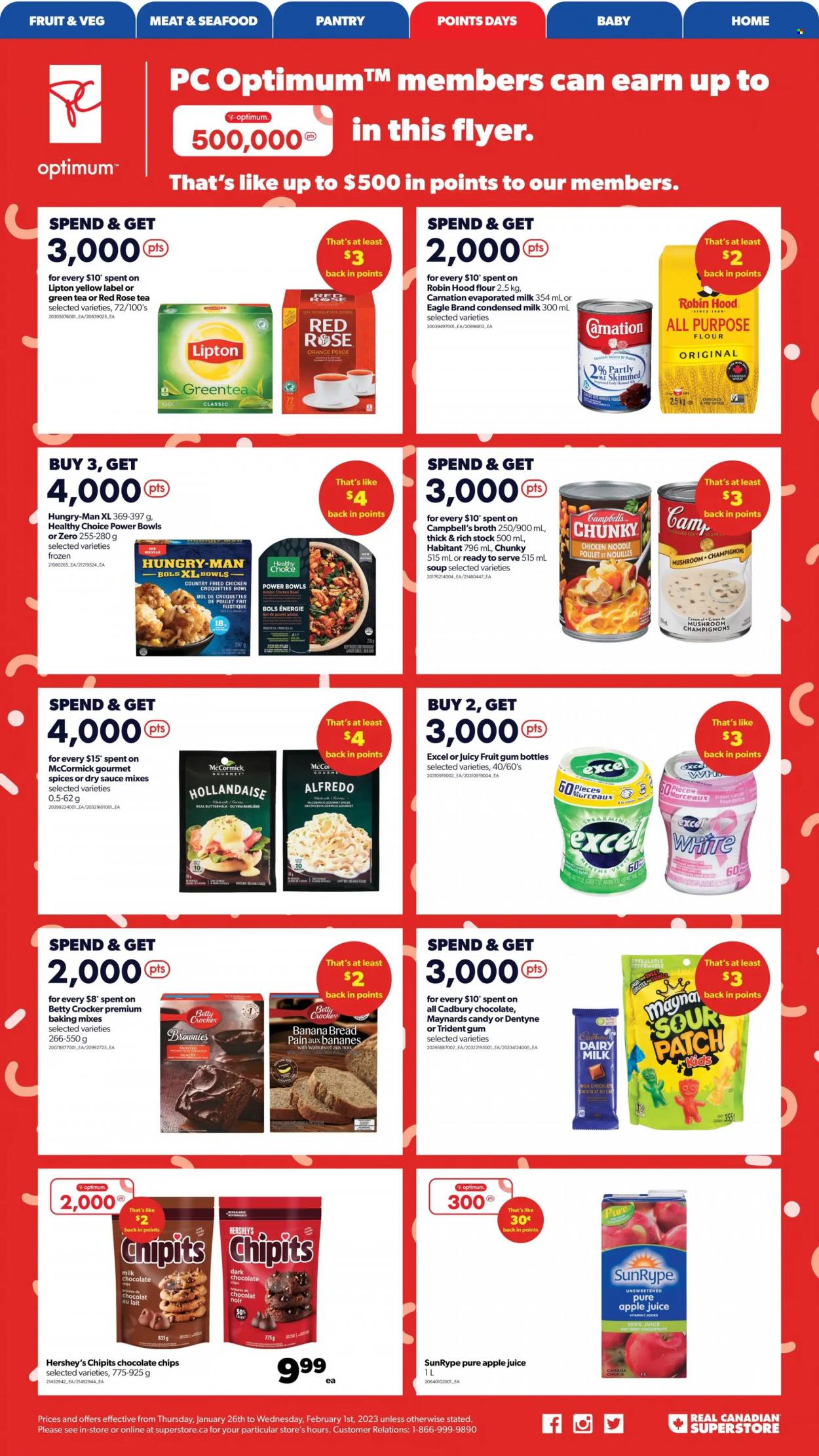 thumbnail - Real Canadian Superstore Flyer - January 26, 2023 - February 01, 2023 - Sales products - mushrooms, bread, brownies, banana bread, oranges, seafood, Campbell's, soup, sauce, fried chicken, noodles, Healthy Choice, buttermilk, evaporated milk, condensed milk, Hershey's, potato croquettes, milk chocolate, dark chocolate, Cadbury, Dairy Milk, Trident, sour patch, all purpose flour, flour, broth, baking mix, apple juice, juice, green tea, rosé wine, bowl, Optimum, bed, rose, Lipton. Page 5.