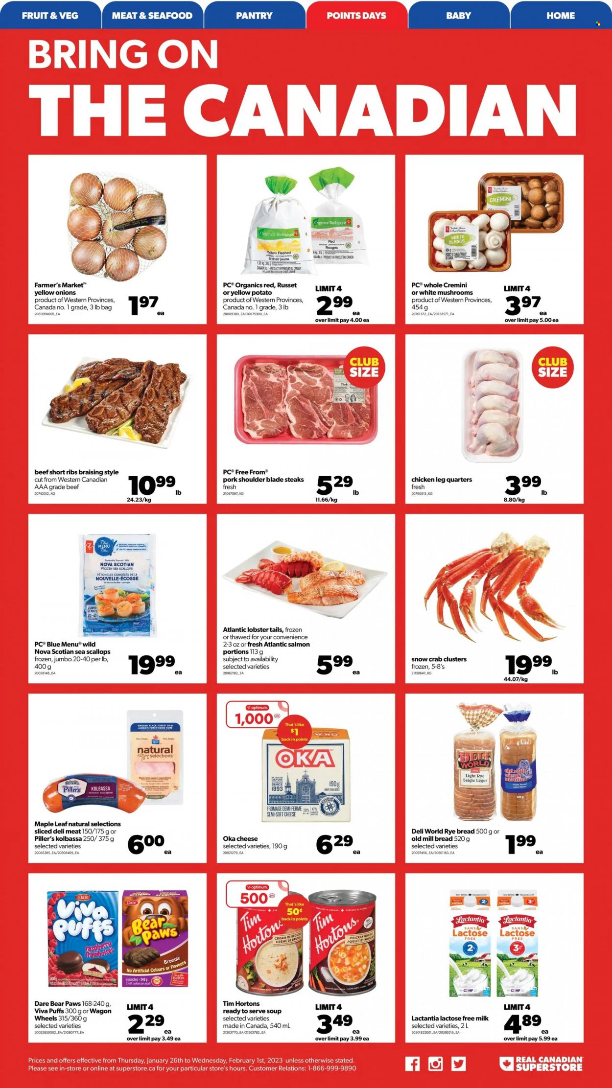 thumbnail - Real Canadian Superstore Flyer - January 26, 2023 - February 01, 2023 - Sales products - mushrooms, bread, puffs, brownies, russet potatoes, salmon, scallops, seafood, crab, soup, soft cheese, cheese, milk, lactose free milk, chicken legs, beef ribs, ribs, pork meat, pork shoulder, pan, Paws, Optimum, wagon, steak. Page 8.