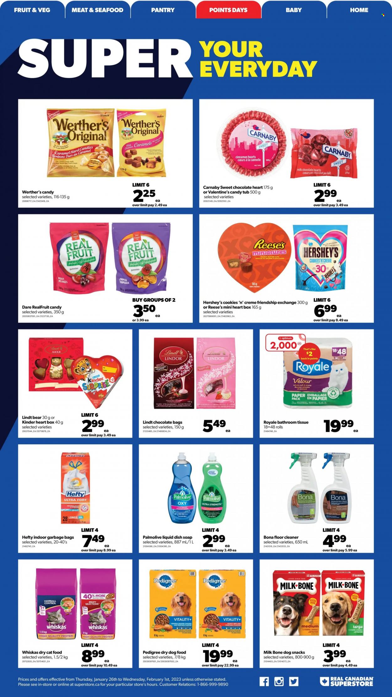 thumbnail - Real Canadian Superstore Flyer - January 26, 2023 - February 01, 2023 - Sales products - Reese's, Hershey's, cookies, milk chocolate, chocolate, snack, Kinder Surprise, cinnamon, caramel, bath tissue, cleaner, floor cleaner, Palmolive, soap, Hefty, paper, animal food, dry dog food, cat food, dog food, Pedigree, dry cat food, Whiskas, Lindt, Lindor. Page 15.
