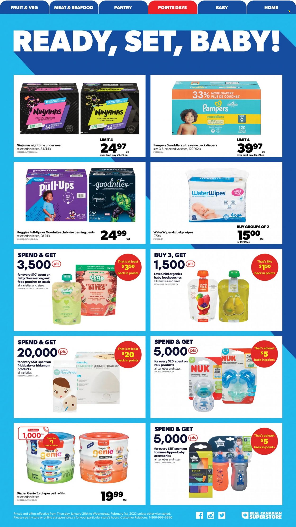 thumbnail - Real Canadian Superstore Flyer - January 26, 2023 - February 01, 2023 - Sales products - pumpkin, pears, seafood, wipes, Pampers, pants, baby wipes, nappies, Nuk, baby pants, Optimum, humidifier, Huggies. Page 17.