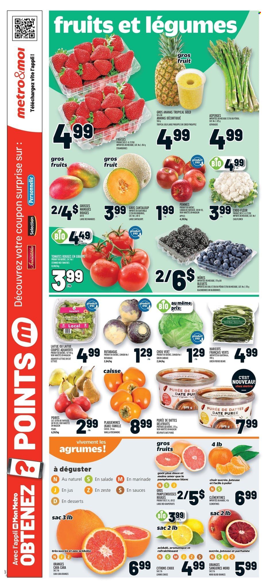 thumbnail - Metro Flyer - January 26, 2023 - February 01, 2023 - Sales products - beans, cabbage, cantaloupe, cauliflower, french beans, tomatoes, lettuce, apples, blackberries, blueberries, clementines, grapefruits, mango, strawberries, pears, persimmons, oranges, lemons, marinade. Page 3.